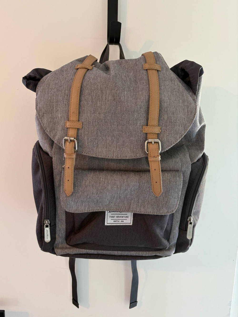 Eddie Bauer First Adventure Gray Canvas Backpack Tan Straps Laptop Travel